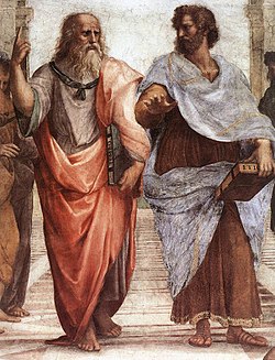 Platon (în stânga) și Aristotel (în dreapta). Aristotel este considerat, de obicei, creatorul metafizicii  