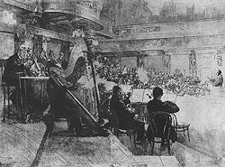 Die Wiener Philharmoniker bei der Probe, Felix von Weingartner dirigiert. Kupferstich von Ferdinand Schmutzer (1926)