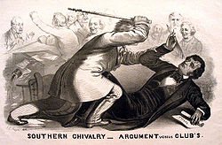 En litografisk tegneserie, der viser Preston Brooks' angreb på Charles Sumner i det amerikanske senat i 1856 om spørgsmålet om slaveri  