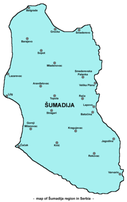 Šumadija-alueen kartta, joka sisältää koko sen maantieteellisen alueen.