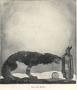 Nach Angaben der Edda beißt Fenrisulfr die Hand des Tir ab (Johannes Bauer, 1911)