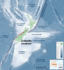 El movimiento a lo largo de la Falla Alpina está deformando el microcontinente de Zealandia, con la parte sur (en la Placa del Pacífico) deslizándose más allá y ligeramente sobre la parte noroeste (en la Placa Indo-Australiana)