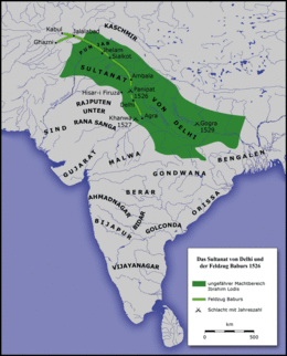Expansion of the Delhi Sultanate at the beginning of 1526 and Babur's India campaign