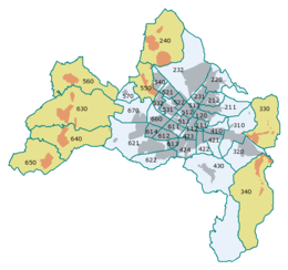 The boroughs of Freiburg with their official numbers (still without Vauban); boroughs with township constitution in beige