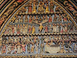 Example of the setting of figures on Gothic churches: The tympanum of the Freiburg Cathedral (19th century version)