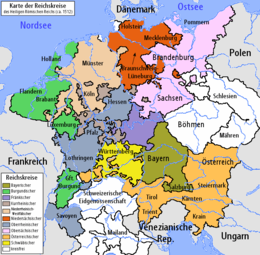 The Imperial Circles of the Holy Roman Empire at the beginning of the 16th century: red the Lower Saxon Imperial Circle, light brown the Lower Rhenish-Westphalian Imperial Circle
