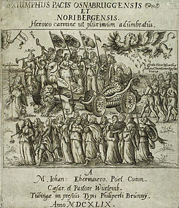 Allegorical depiction of the Peace of Westphalia: Germania leads the chariot drawn by the Habsburg lion and the eagle of the empire, in which an angel of peace sits; chained to the chariot is Mars, the god of war (Triumphus Pacis Osnabruggensis et Noribergensis, Tübingen 1649).