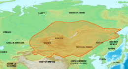 Uighur kaganate and areas under its rule (red line) around 820