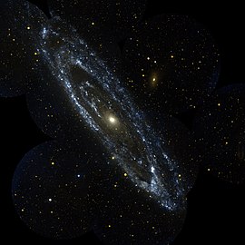 Galaksi Andromeda digambarkan dalam cahaya ultraviolet oleh GALEX
