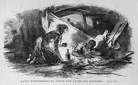 Illustration af Hammatt Billings til Onkel Toms hytte (første udgave: Boston: John P. Jewett and Company, 1852). Cassy hjælper Tom, efter at han er blevet slået af Simon Legree.  