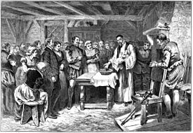 Křest Virginie Dareové, prvního anglického dítěte narozeného v Severní Americe. Litografie, 1880.  