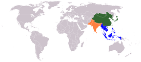 Gambaran "dunia Timur" yang didefinisikan sebagai "Timur Jauh", yang terdiri atas tiga blok budaya yang tumpang-tindih: Asia Timur, Asia Tenggara, dan Asia Selatan.