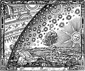 Flammarion medžio raižinys. Flammarionas rašė: "Viduramžių misionierius pasakoja, kad rado tašką, kur dangus ir žemė susitinka... "