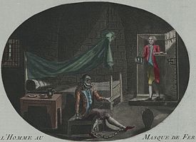 L'Homme au Masque de Fer (Manden med jernmasken). Anonymt tryk (ætsning og mezzotint, håndkoloreret) fra 1789. Ifølge billedteksten på originalen (som ikke ses her) var manden i jernmasken Louis de Bourbon, comte de Vermandois, en uægte søn af Louis XIV.