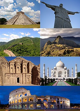 Balról jobbra, fentről lefelé: Chichen Itza, Megváltó Krisztus, Kínai Nagy Fal, Machu Picchu, Petra, Taj Mahal és a Colosseum.