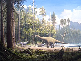 Los dinosaurios se muestran entre los árboles modernos  