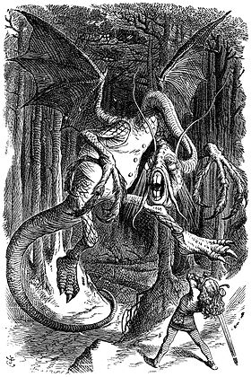 Pazi se Jabberwocka, moj sin! Čeljusti, ki grizejo, kremplji, ki lovijo! Pazi se ptice Jubjub in izogibaj se zoprnega Bandersnatcha! Jabberwock, kot ga je ilustriral John Tenniel
