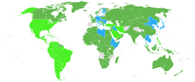 二战中参战国家的世界地图。 盟国为绿色（浅绿色的为珍珠港袭击后进入），轴心国为蓝色，中立国为灰色。