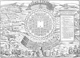 Idealized depiction of High Elaga by Giovan Battista Ramusio and Giacomo Gastaldi (1556), according to Jacques Cartier's notes