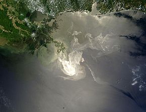 Extent of the oil spill in the Gulf of Mexico on 24 May 2010 (NASA image). The image width corresponds to about 540 km.
