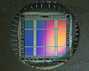 Detailed view of an EPROM. The bonded connection wires can be seen well