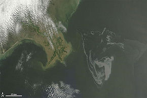 Satellite image of the Mississippi Delta on May 1, 2010. The oil spill is visible to the right of the center of the image.