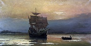 Mayflower v plimouthskem pristanišču, William Halsall (1899)