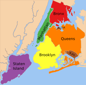 Los cinco distritos: 1. Manhattan 2. Brooklyn 3. Queens Queens 4 . Bronx 5 . Staten Island  
