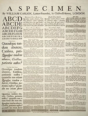 Un campione , un foglio di grandi dimensioni con esempi di caratteri tipografici e font disponibili. Stampato da William Caslon, fondatore della lettera; dalla Ciclopaedia del 1728.