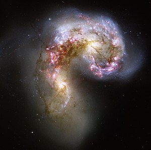 アンテナ銀河はNGC4038/NGC4039の衝突時にスターバーストを起こしていることがわかる。Credit: NASA/ESA