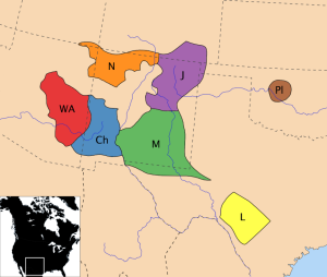 Apache-speaking tribal groups (18th century): Ch: Chiricahua Apache, M: Mescalero Apache, J: Jicarilla Apache, L: Lipan Apache, Pl: Plains Apache (Kiowa Apache), WA: Western Apache, N: Navajo (Diné)