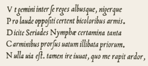 Originalus Arrigio kursyvo šriftas, apie 1527 m. Tuo metu kursyvo tipo didžiosios raidės dar nebuvo sukurtos