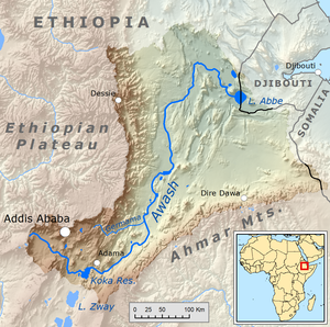 Diese Karte des Einzugsgebietes des Awash River zeigt den geographischen Brunnen