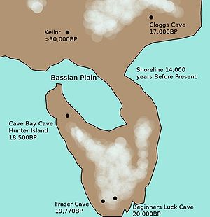 De kustlijn van Tasmanië en Victoria zo'n 14.000 jaar geleden, toen de zeespiegel steeg, toonde enkele van de menselijke archeologische vindplaatsen.