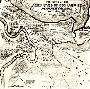 Kartta "Amerikan ja Britannian armeijoiden sijainti New Orleansin lähellä 8. tammikuuta 1815".  