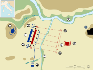 Carthaginian Romans 1 Carthaginian camp 2 Carthaginian cavalry 3 Carthaginian infantry 4 Mago's department 5 Trebia River 6 Roman cavalry 7 Roman infantry 8 Roman camp 9 River Po 0 Placentia Fortress