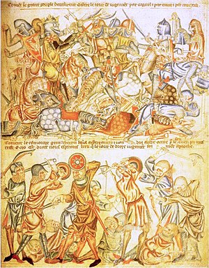 La batalla de Bannockburn ilustrada en la Biblia de Holkham, 1327-35