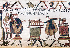 HAROLD SACRAMENTUM FECIT VVILLELMO DUCI ("Harold hizo un juramento al duque Guillermo"). Tapiz de Bayeux: Se dice que esta escena tuvo lugar en Bagia (Bayeux, probablemente en la catedral de Bayeux). Muestra a Harold tocando dos altares con el Duque entronizado mirando, y es fundamental para la invasión normanda de Inglaterra  