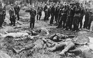 一个十几岁的男孩在被枪杀前站在他被杀的家人身边。乌克兰,1941年7月