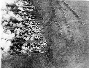Ataque de gas venenoso alemán durante la Primera Guerra Mundial. Hoy en día el uso de la guerra química es un crimen de guerra  