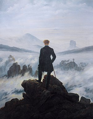 Caspar David Friedrich, Rătăcitor deasupra mării de ceață, 38,58 × 29,13 inci, 1818, ulei pe pânză, Kunsthalle Hamburg