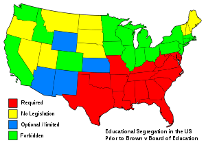 Карта США, показывающая законы о школьной сегрегации до решения Верховного суда по делу Браун против Совета по образованию