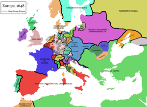 Vienkāršota Eiropas karte pēc 1648. gada Vestfālenes miera noslēgšanas.