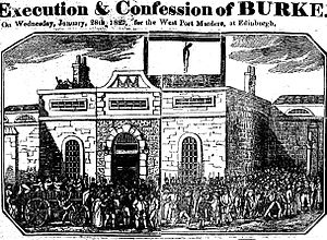A execução de William Burke no Lawnmarket, Edimburgo, 28 de janeiro de 1829; a partir de um quadro geral contemporâneo.