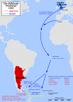 Die Lage der Falklandinseln im Südatlantik und die Distanzen zu den britischen Basen