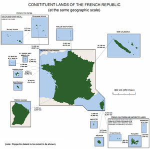 De lande, der udgør den franske republik, vist i samme geografiske målestok.  