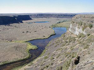 Grand Coulee, Dry Fallsin alapuolella. Ajoittaisten basalttilaavavirtojen kerrostumisvaikutus on näkyvissä.  