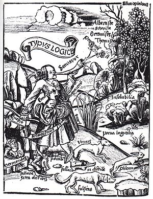 The two hounds veritas and falsitas chase the hare problema, logic hurries after armed with the sword syllogismus. On the lower left Parmenides, with whom logical argumentation entered philosophy, in a cave.
