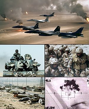Im Uhrzeigersinn von oben: US-amerikanische Jets über brennenden Ölquellen; britische Soldaten beim Training während der Operation Granby; Blick auf einen Luftangriff; der Highway of Death; ein Combat Engineer Vehicle M728.