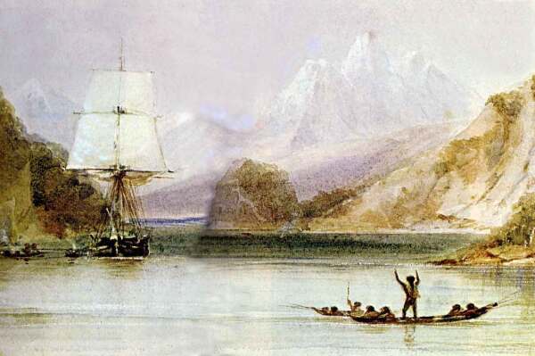 En akvarel af HMS Beagles tegner, Conrad Martens. Den er malet under besigtigelsen af Tierra del Fuego og viser Beagle, der bliver hyldet af indfødte fugaere.